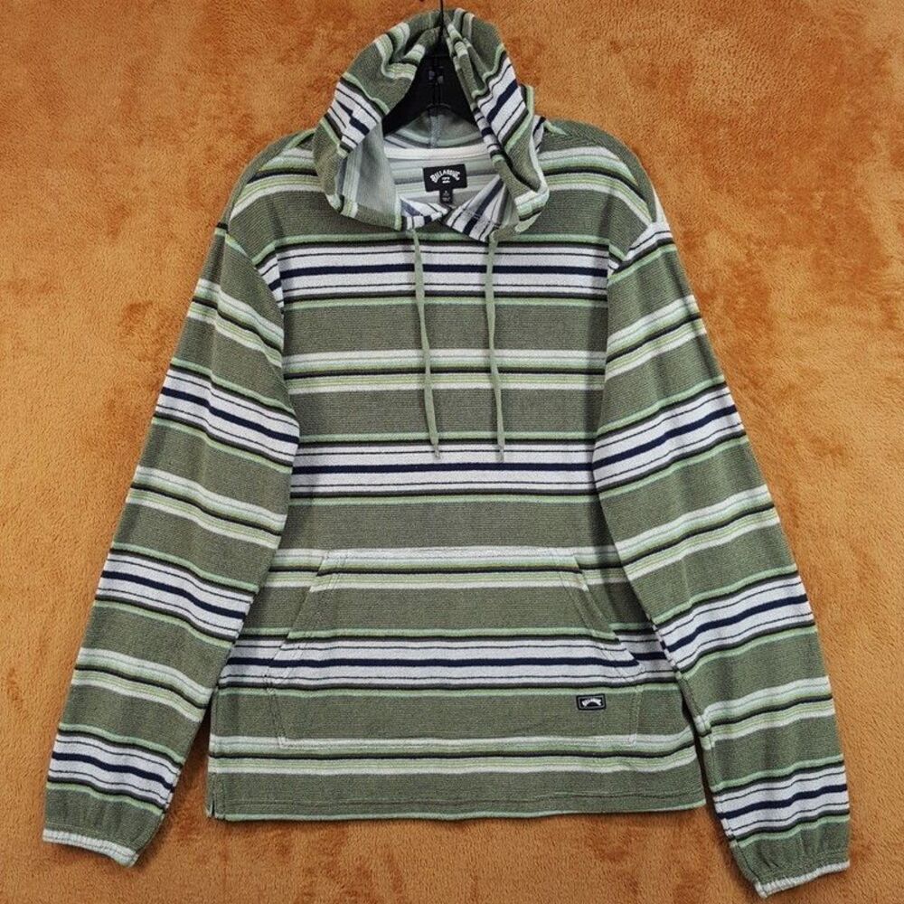 BILLABONG Sweater Mens Small Green Stripe Hooded Terry Towel Baja FLECKER